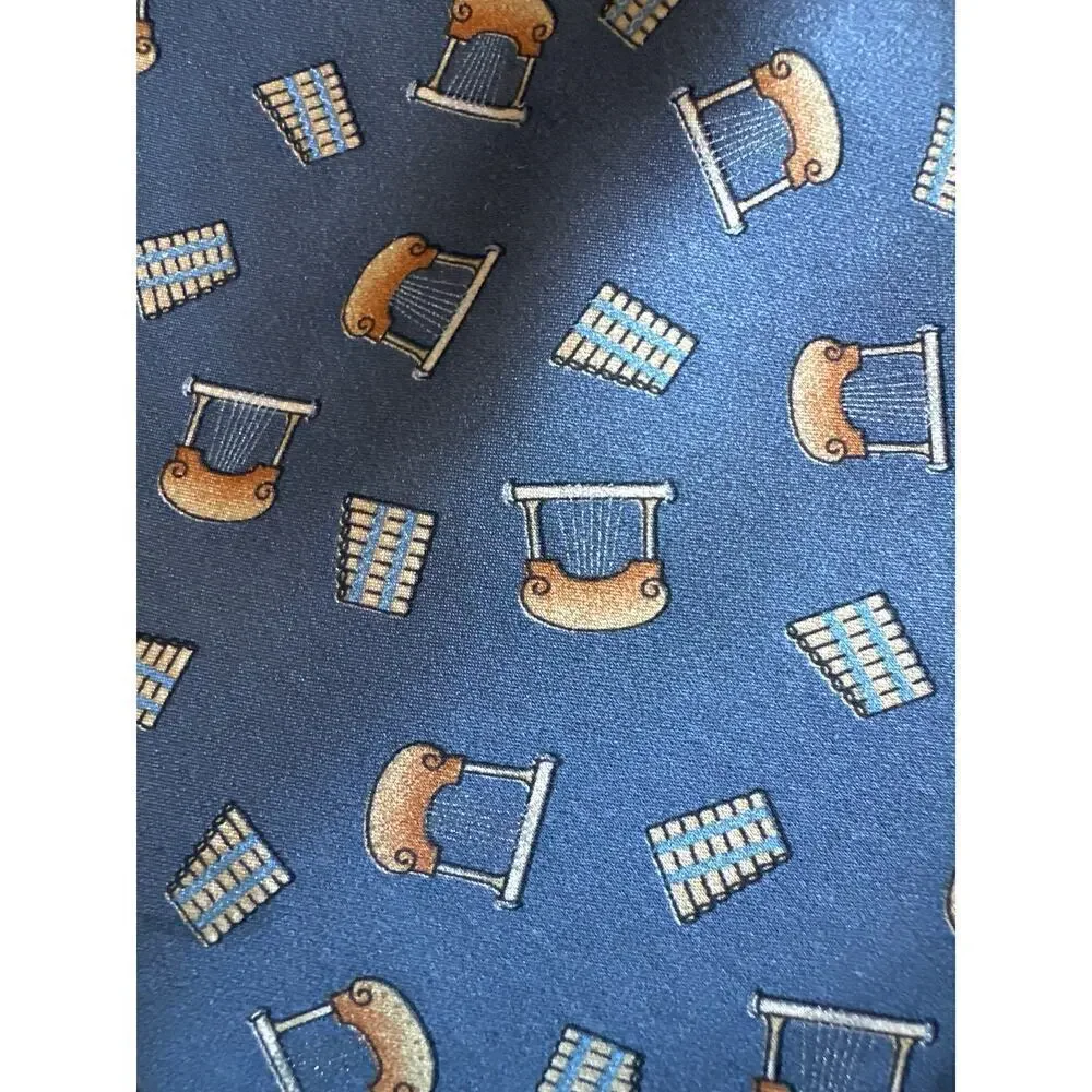 Men’s Brioni Italian 100% Silk Tie Lyre Pan Flute Music Design Blue UNIQUE